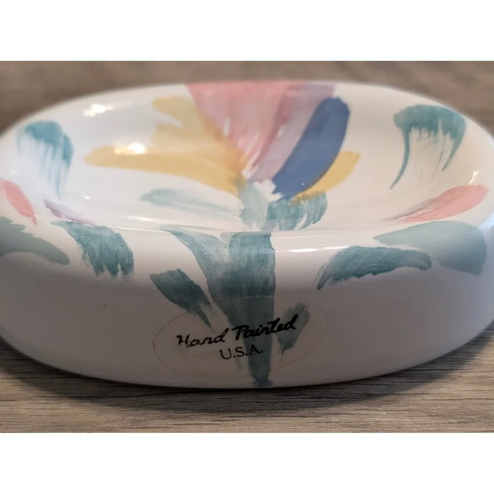 Vintage Ceramic Soap Dish Riviera Hand Painted USA White Abstract Floral Pastel